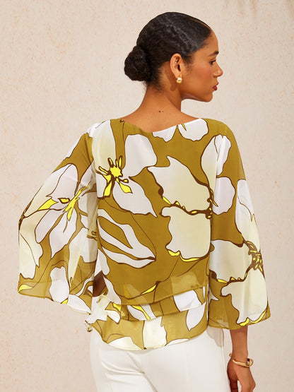 Golden Petal Glow Layered Chiffon Blouse