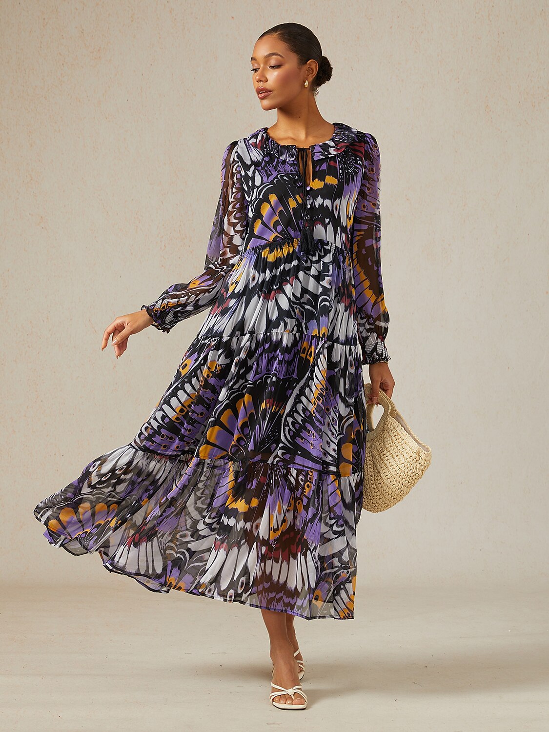Jungle Butterfly Flowy Chiffon Maxi Dress