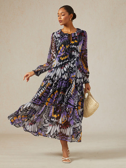 Jungle Butterfly Flowy Chiffon Maxi Dress