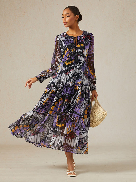 Jungle Butterfly Flowy Chiffon Maxi Dress