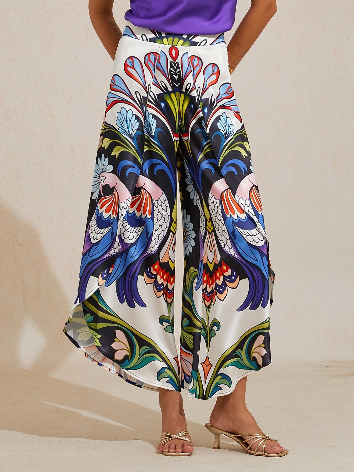 Bird Flower Satin Slit Wide Leg Pants