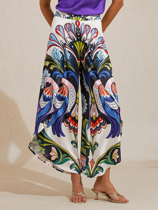 Bird Flower Satin Slit Wide Leg Pants