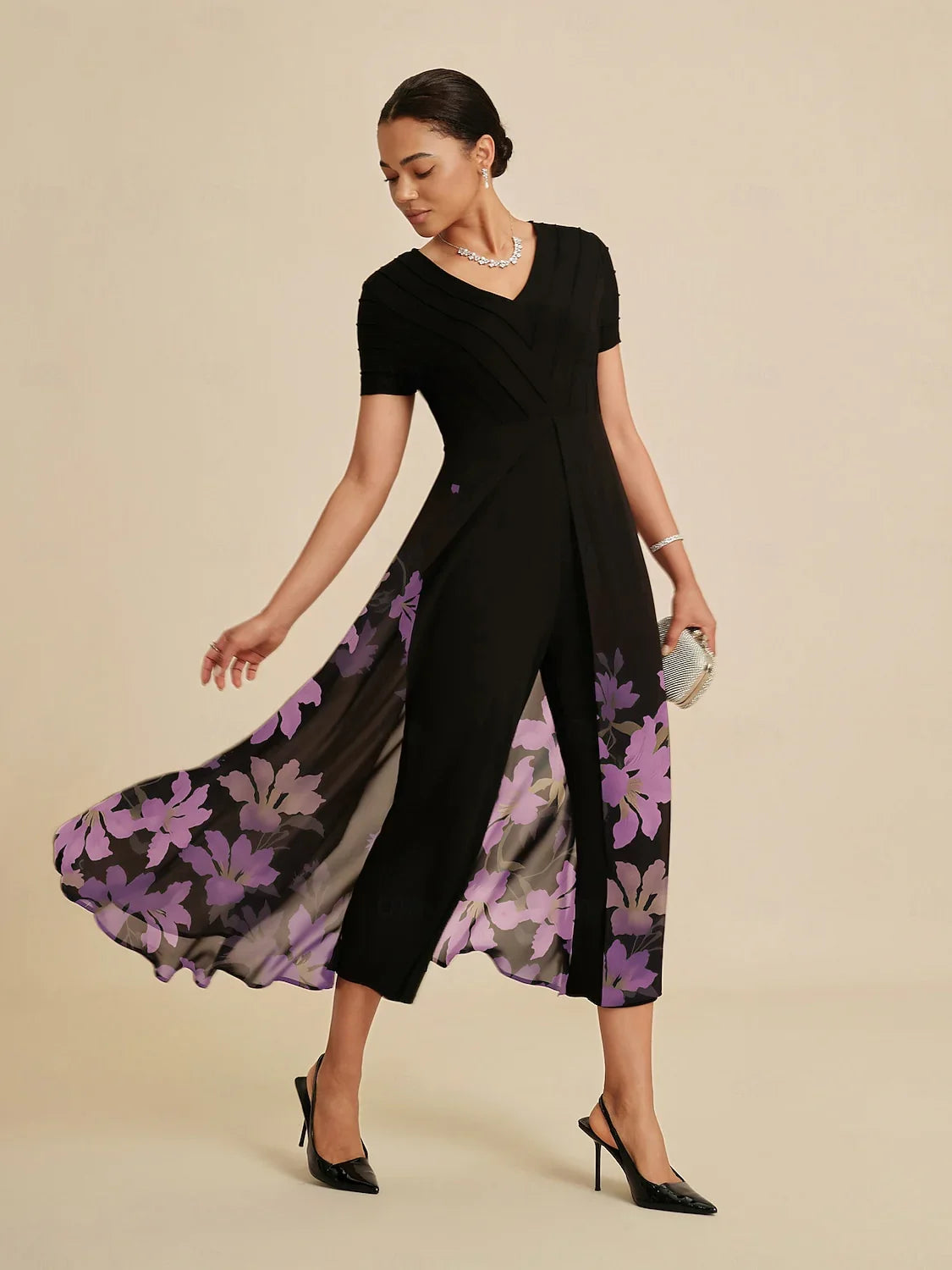 Paneled Design Faux Flowy Sheer Stretch Fabric Jumpsuit