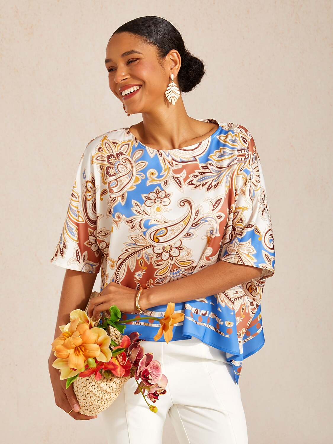 Royal Paisley Flora Silky Satin Dolman Top