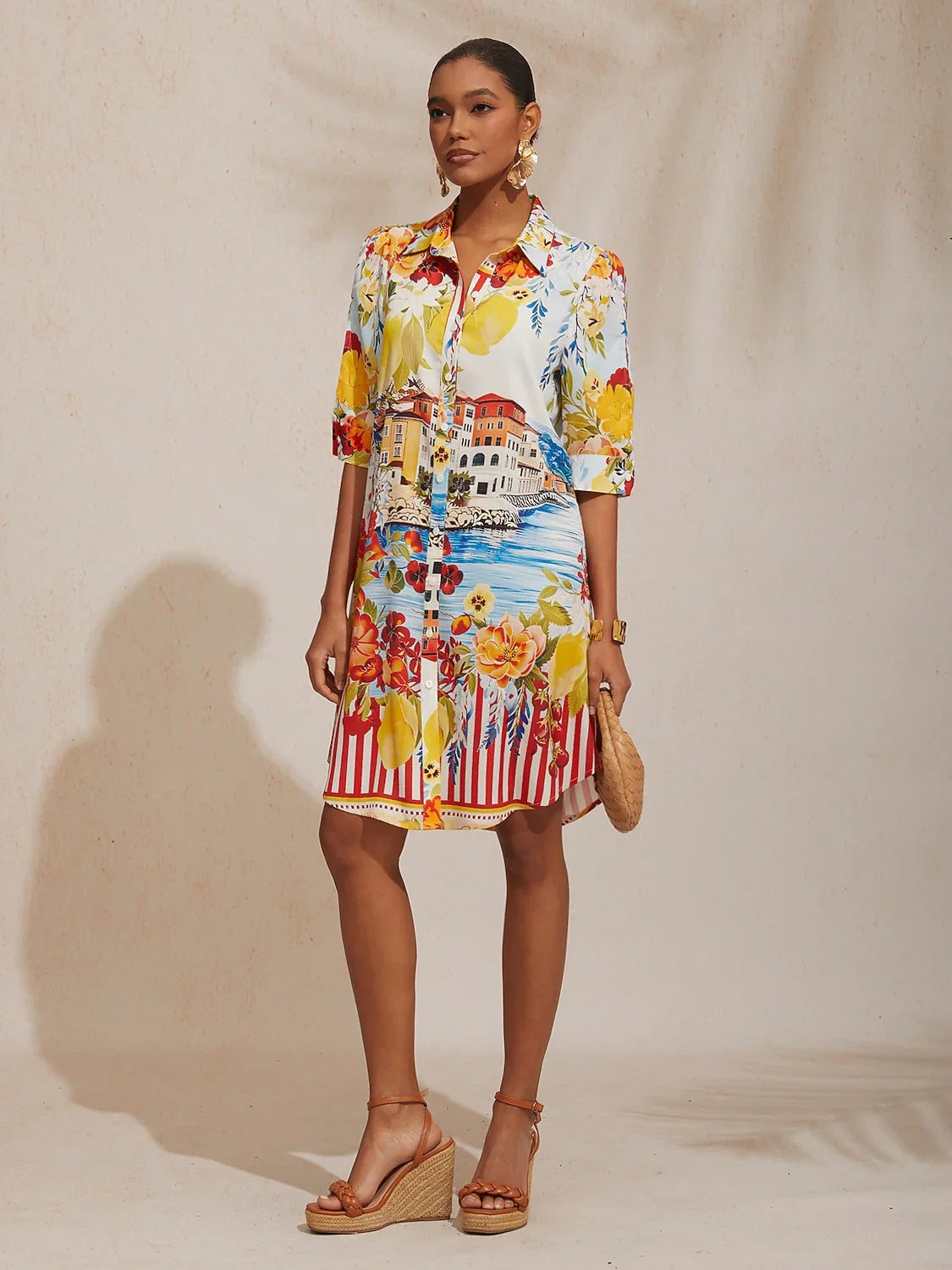 Mallorca Blossom Silky Satin Straight Shirt Dress