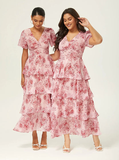 Floral Bloom Flowy Chiffon Tiered Maxi Dress