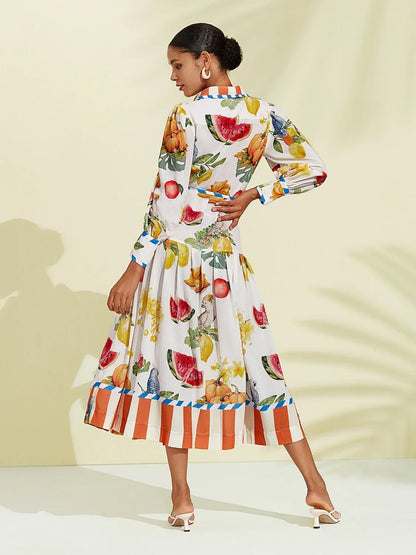 Vestido camisero midi de lino y algodón con estampado de frutas y rayas