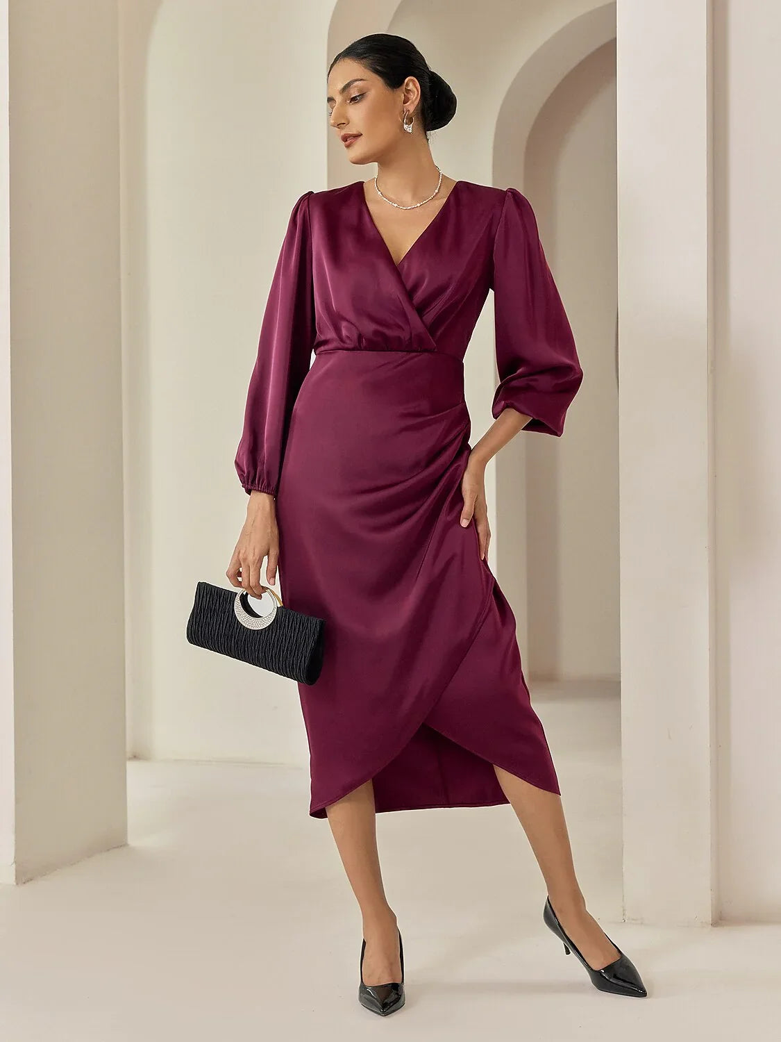 Elegant 3/4 Sleeves Burgundy Satin Dress