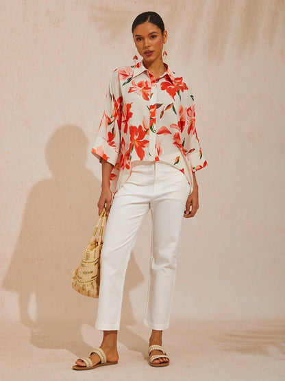 Spring Blooms Flowy Chiffon Asymmetrical Dolman Sleeve Blouse