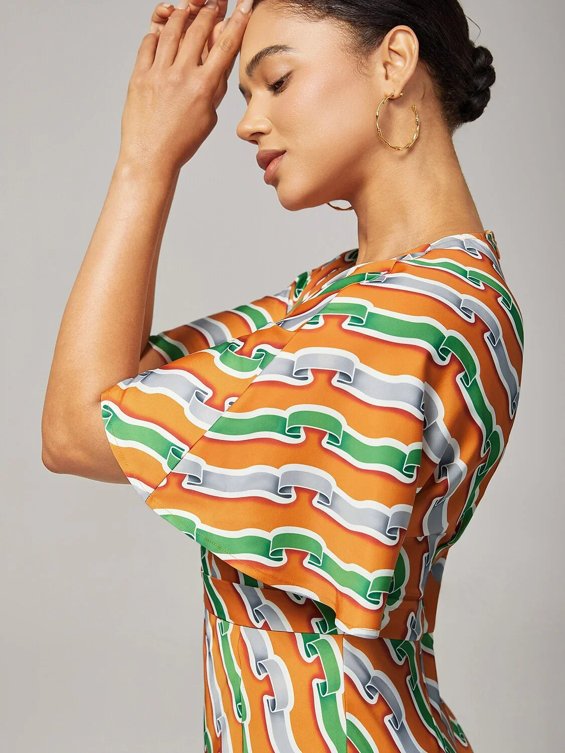 V-Neck Side Slit Ripple Print Dress