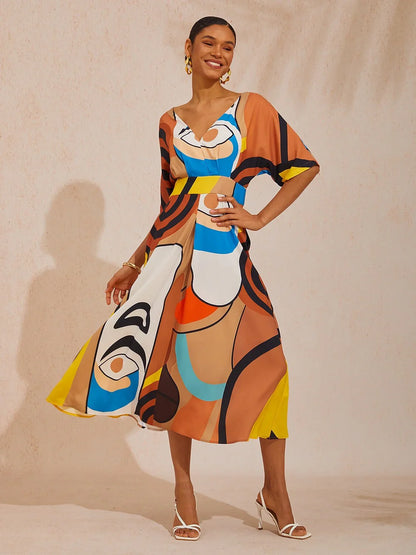 Abstract Art Silky Satin Vacation Maxi Dress