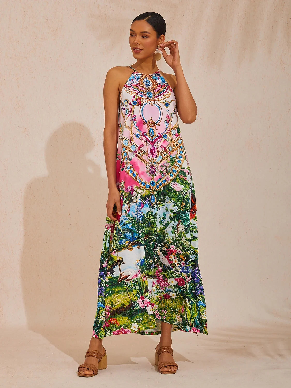 Pink Jungle Party Silky Satin Diamond Maxi Dress