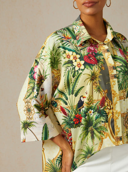 Verdant Garden Muse Silky Satin Oversized Shirt