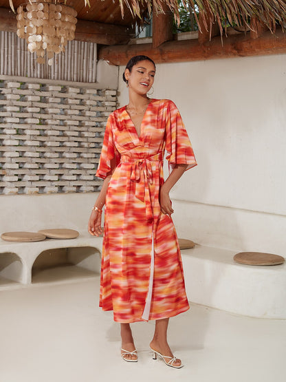 Shading Print V-Neck Maxi Dress
