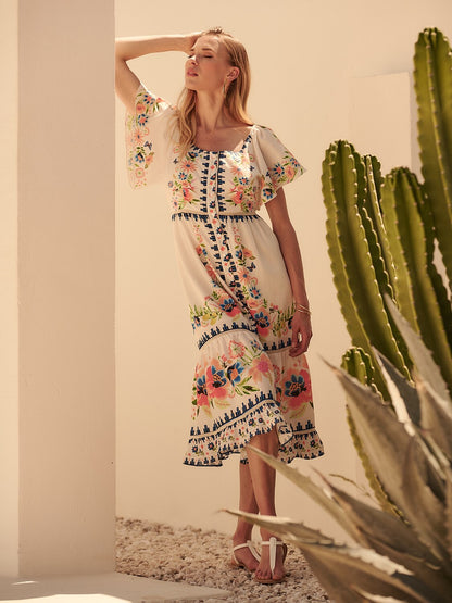 Linen like Floral Geometric Ruched Maxi Dress Vacation
