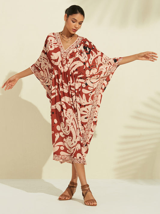 Boho Paisley Print Maxi V-Neck Chiffon Kaftan