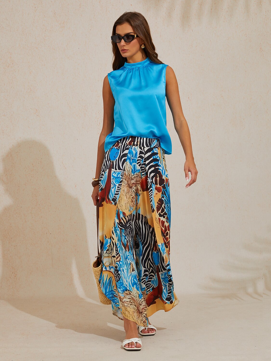 Sapphire Zebra Bloom Silky Satin Slit Wide Leg Pants