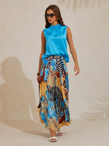 Sapphire Zebra Bloom Silky Satin Slit Wide Leg Pants
