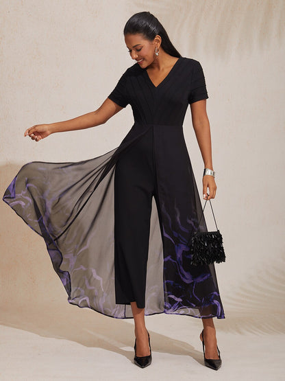 Paneled Design Faux Flowy Sheer Stretch Fabric Jumpsuit