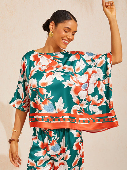 Deep Green Hibiscus Silky Satin batwing Top