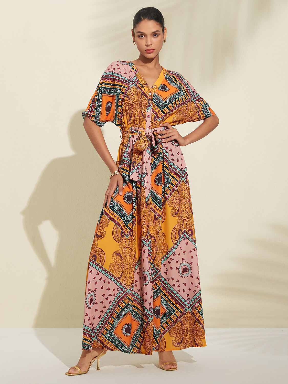 Folk Print V Neck Maxi Chiffon Dress