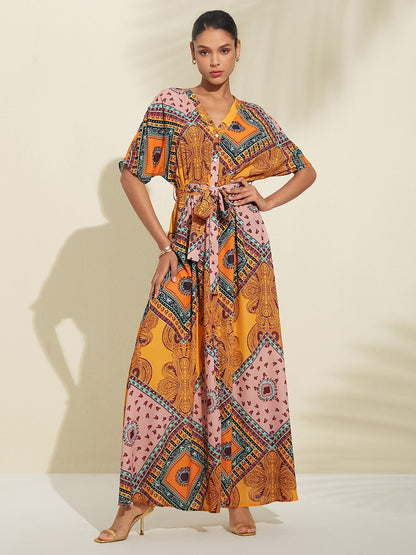 Folk Print V Neck Maxi Chiffon Dress