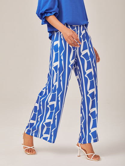 Ruched Waist Blue Printed Straight-Leg Pants