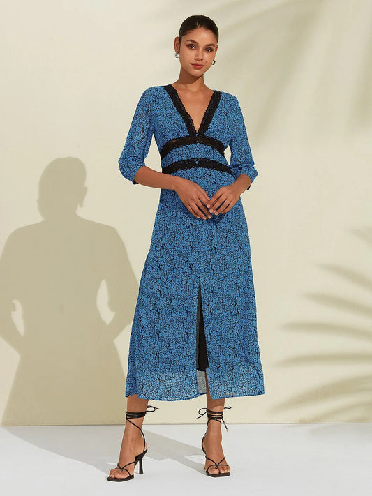 Chiffon Floral V-Neck Midi Dress