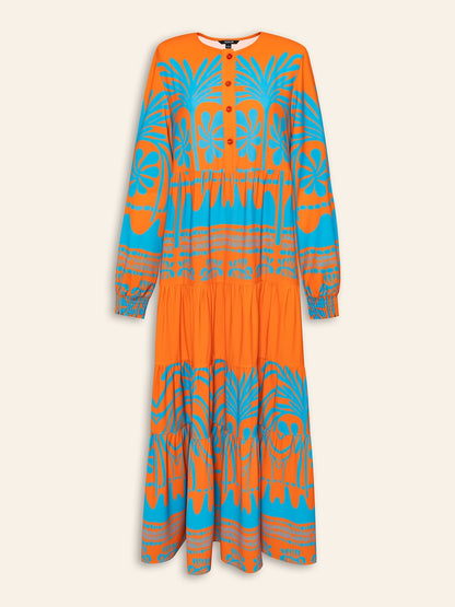 Plants Linear Button Up Crew Neck Ethnic Casual Maxi Dress