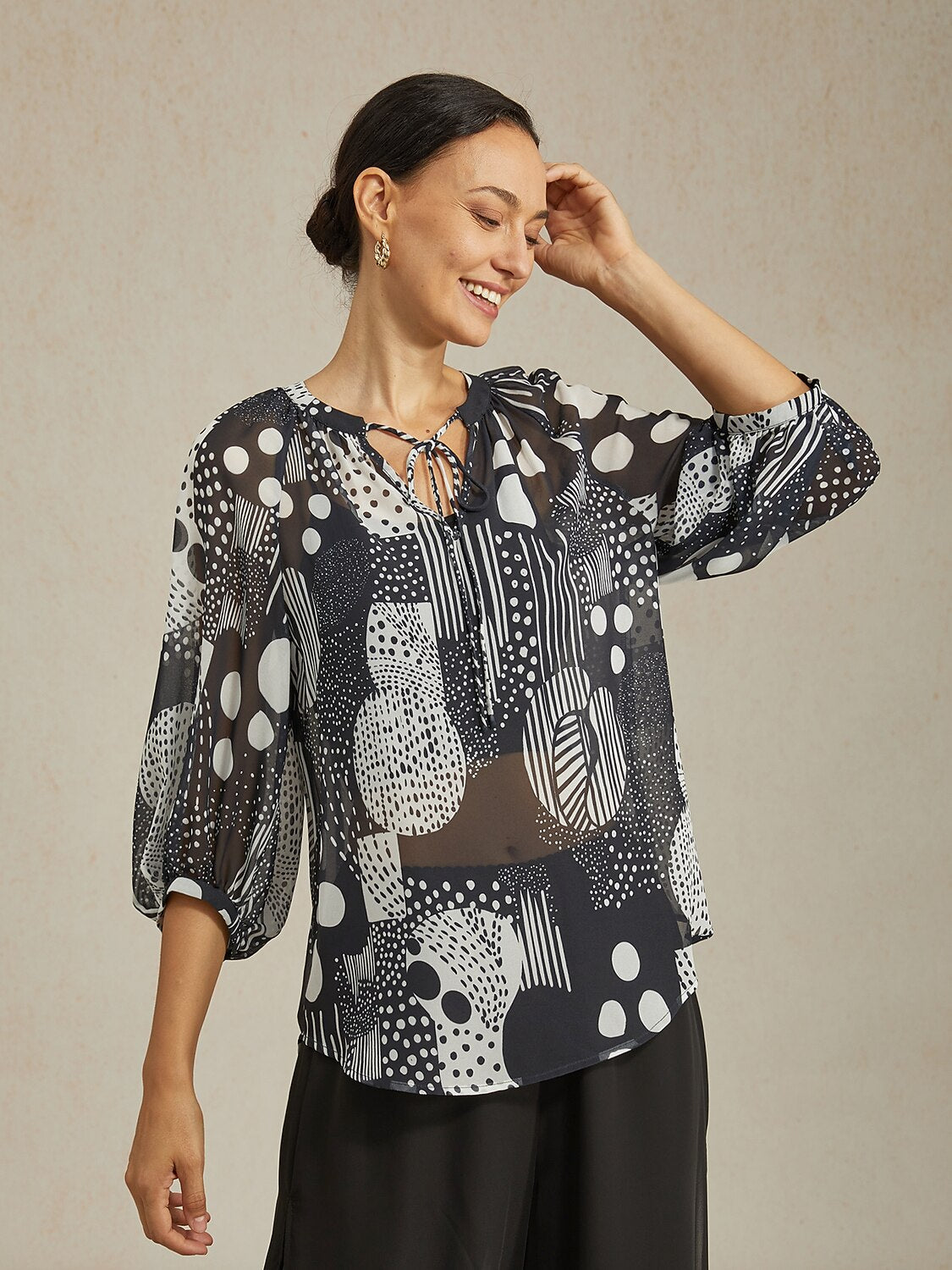 Abstract Print Puff Sleeve V-Neck Chiffon Blouse