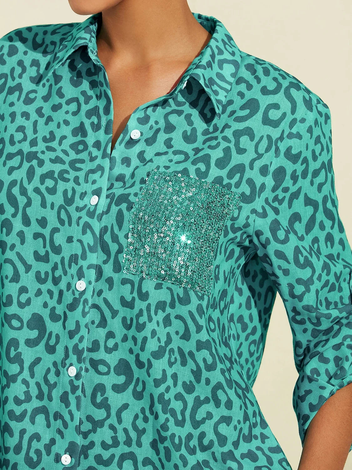 Roll up Sequin Collar Leopard Print Shirt Maxi Dress