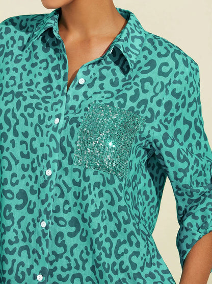 Roll up Sequin Collar Leopard Print Shirt Maxi Dress