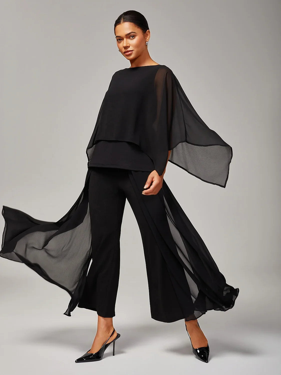 Black Full Length Chiffon High Elasticity Palazzo Pants