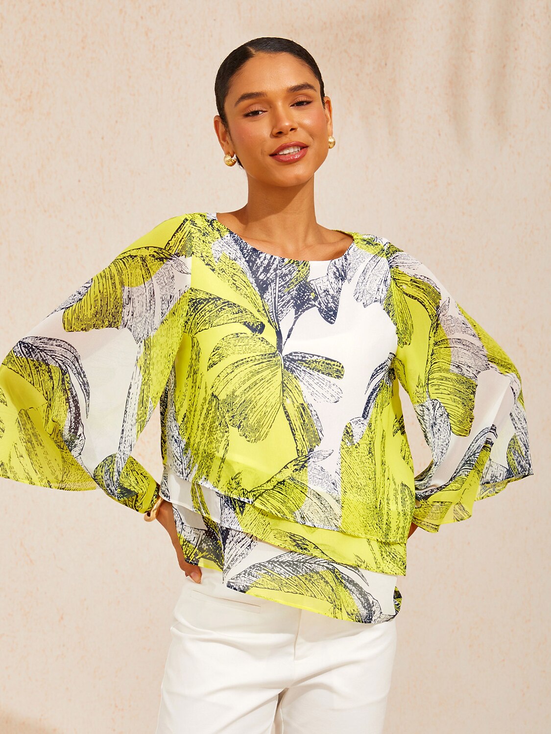 Citrus Palm Luxe Layered Chiffon Blouse