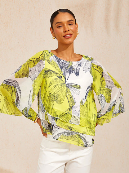 Citrus Palm Luxe Layered Chiffon Blouse