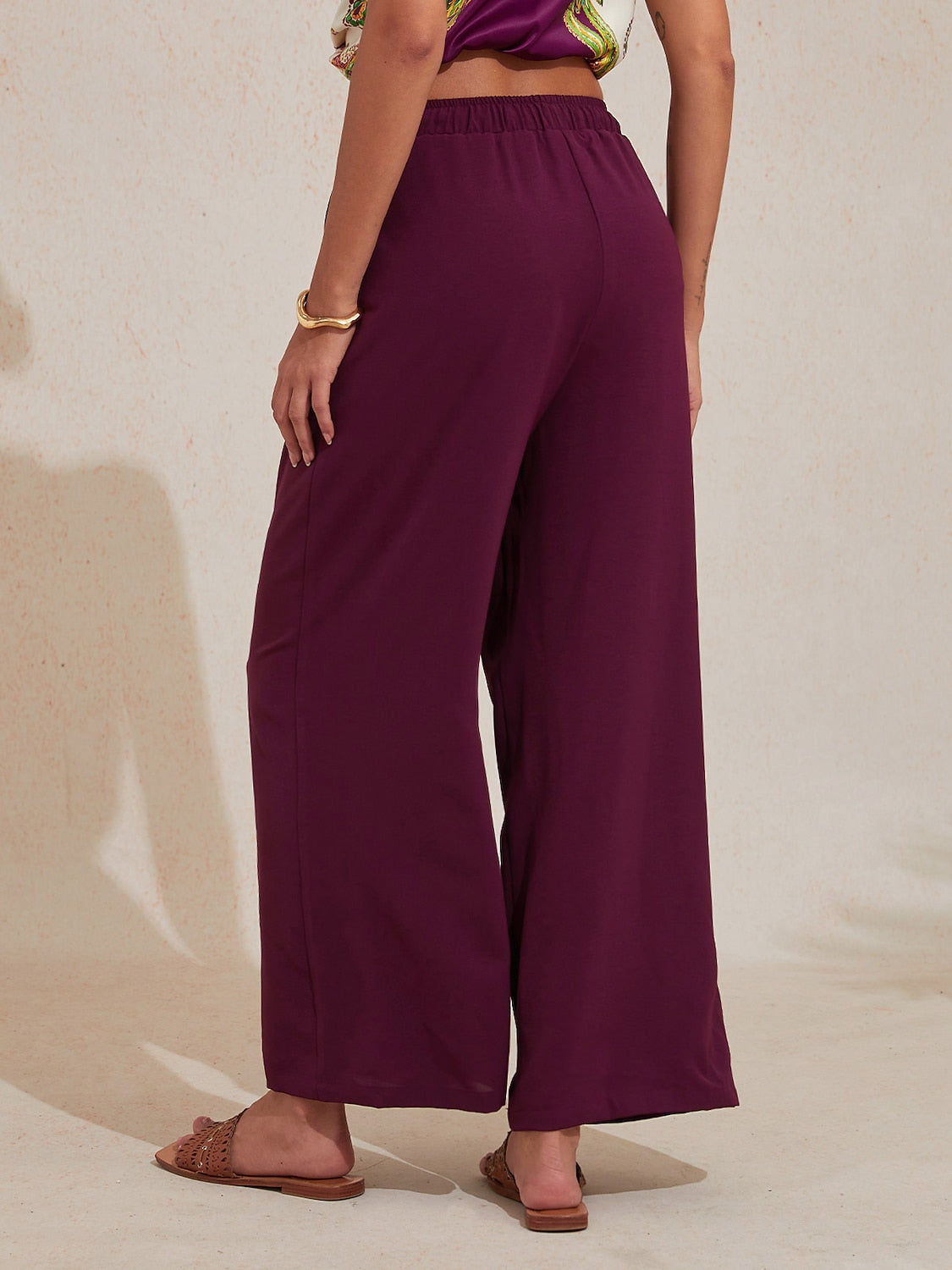 Burgundy Elastic Drawstring Linen Look Wide Leg Pants