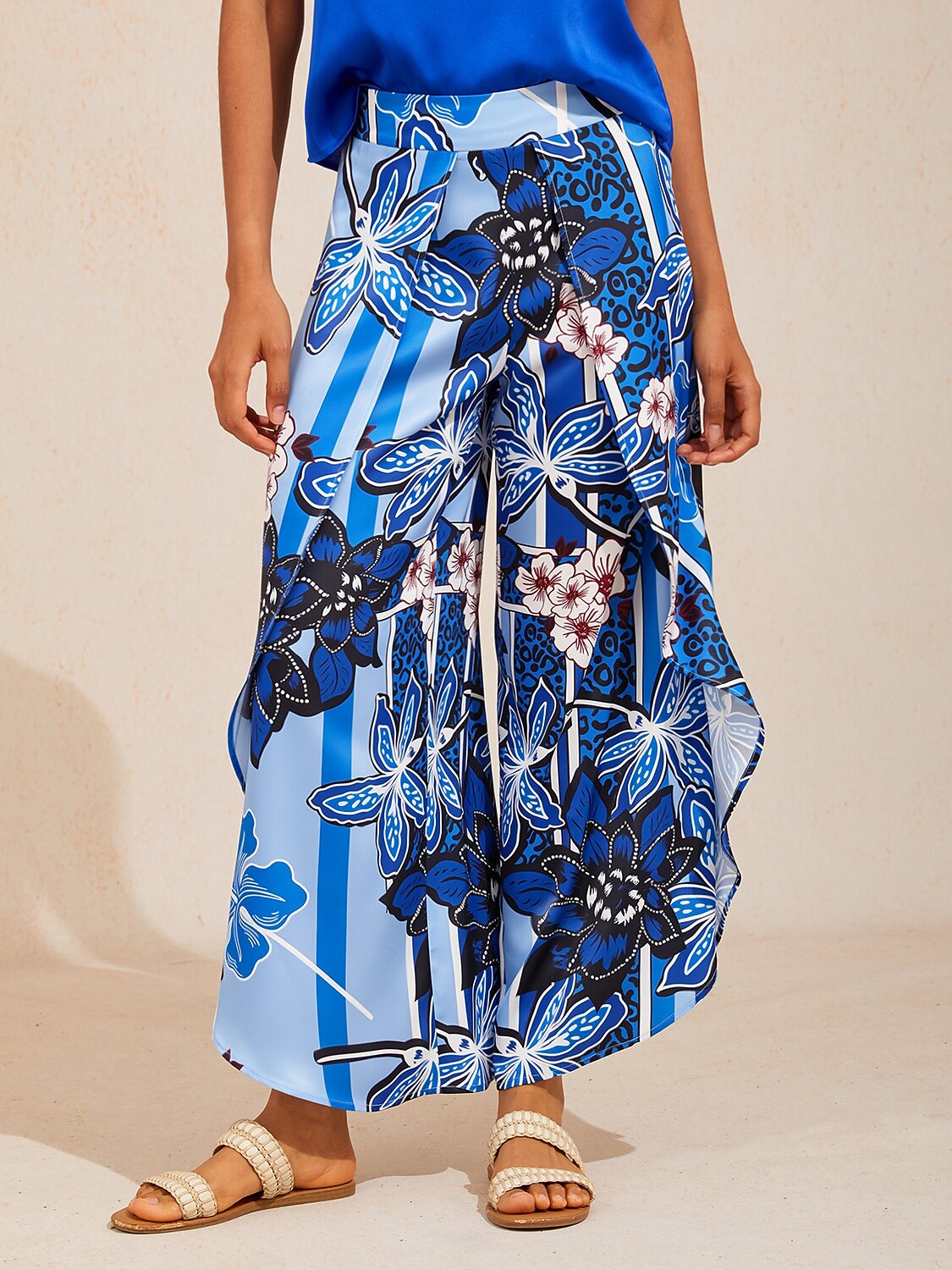 Azure Bloom Satin Slit Wide Leg Pants