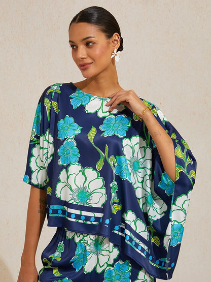 Emerald Tide Bloom Silky Satin Dolman Sleeve Top