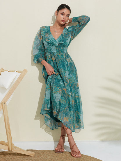 Floral Chiffon Tropical Flowers Puff  Sleeve Maxi Dress