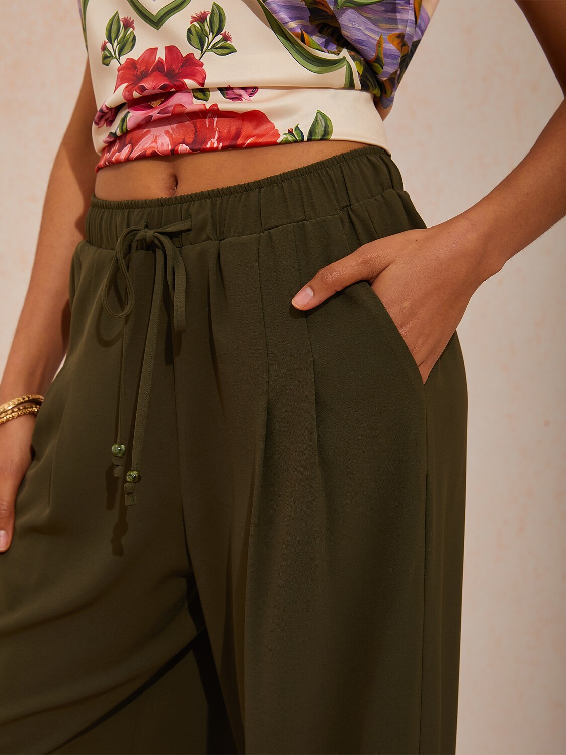 Vacation Elastic Drawstring Wide Leg Pants