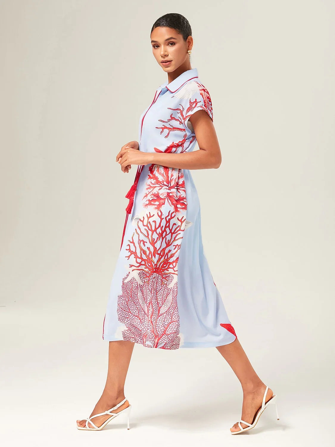 Loose Color-Block Coral Print Shirt Maxi Dress