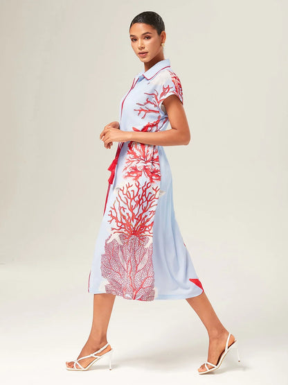 Loose Color-Block Coral Print Shirt Maxi Dress
