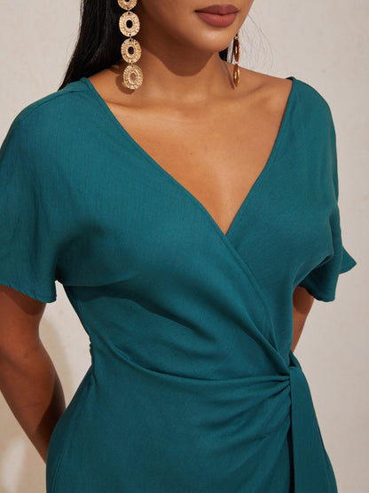 Robe mi-longue portefeuille froncée en Tencel et lin