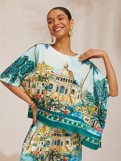 Boho-Paisley-Oberteil aus seidigem Satin mit Dolman-Ärmeln