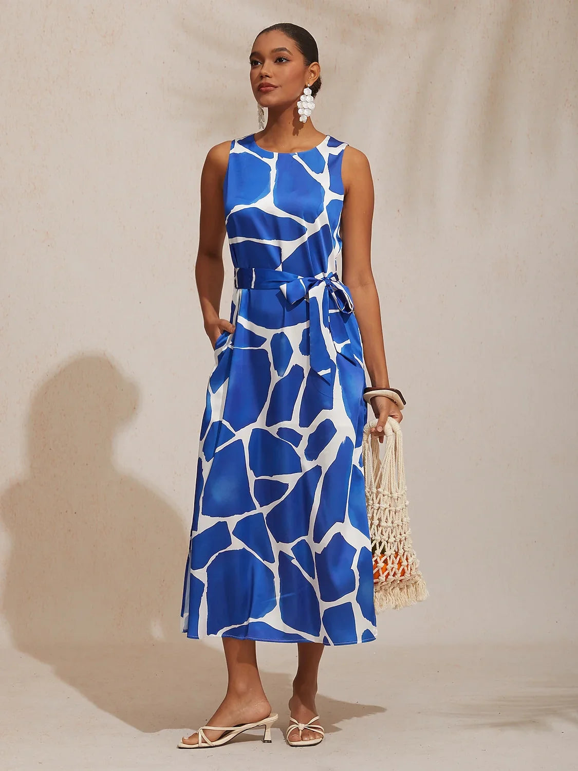 Vacation Geometric Color Block Print Straight Fit Satin Maxi Dress
