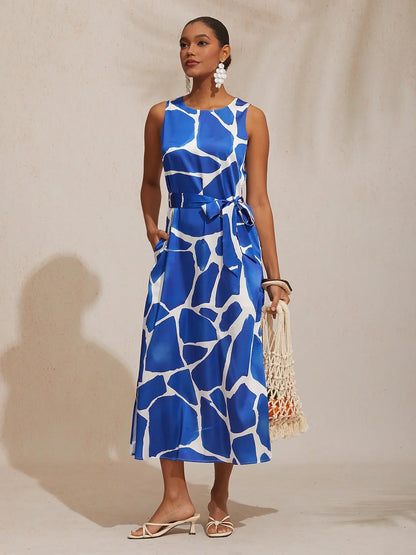Vacation Geometric Color Block Print Straight Fit Satin Maxi Dress