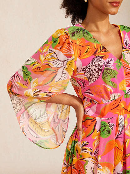Robe maxi en chiffon à imprimé floral et manches évasées