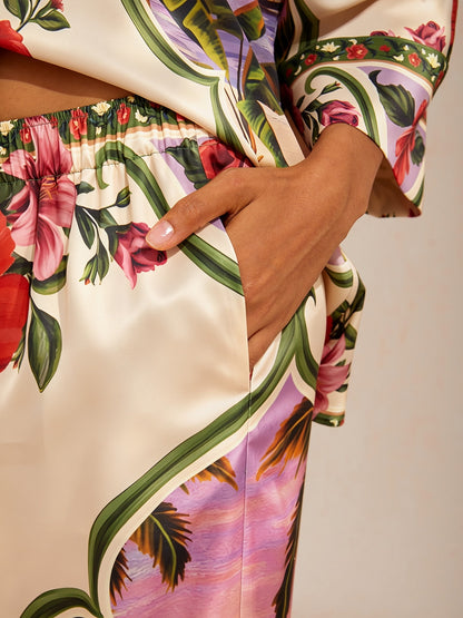 Hawaii Palm Silky Satin Wide Leg Pants