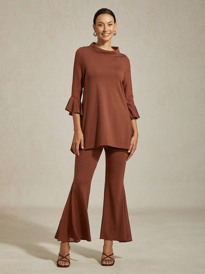 Elegant Coffee Brown Bell-Bottom Chiffon Sheer Pants