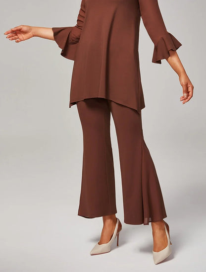 Elegant Coffee Brown Bell-Bottom Chiffon Sheer Pants